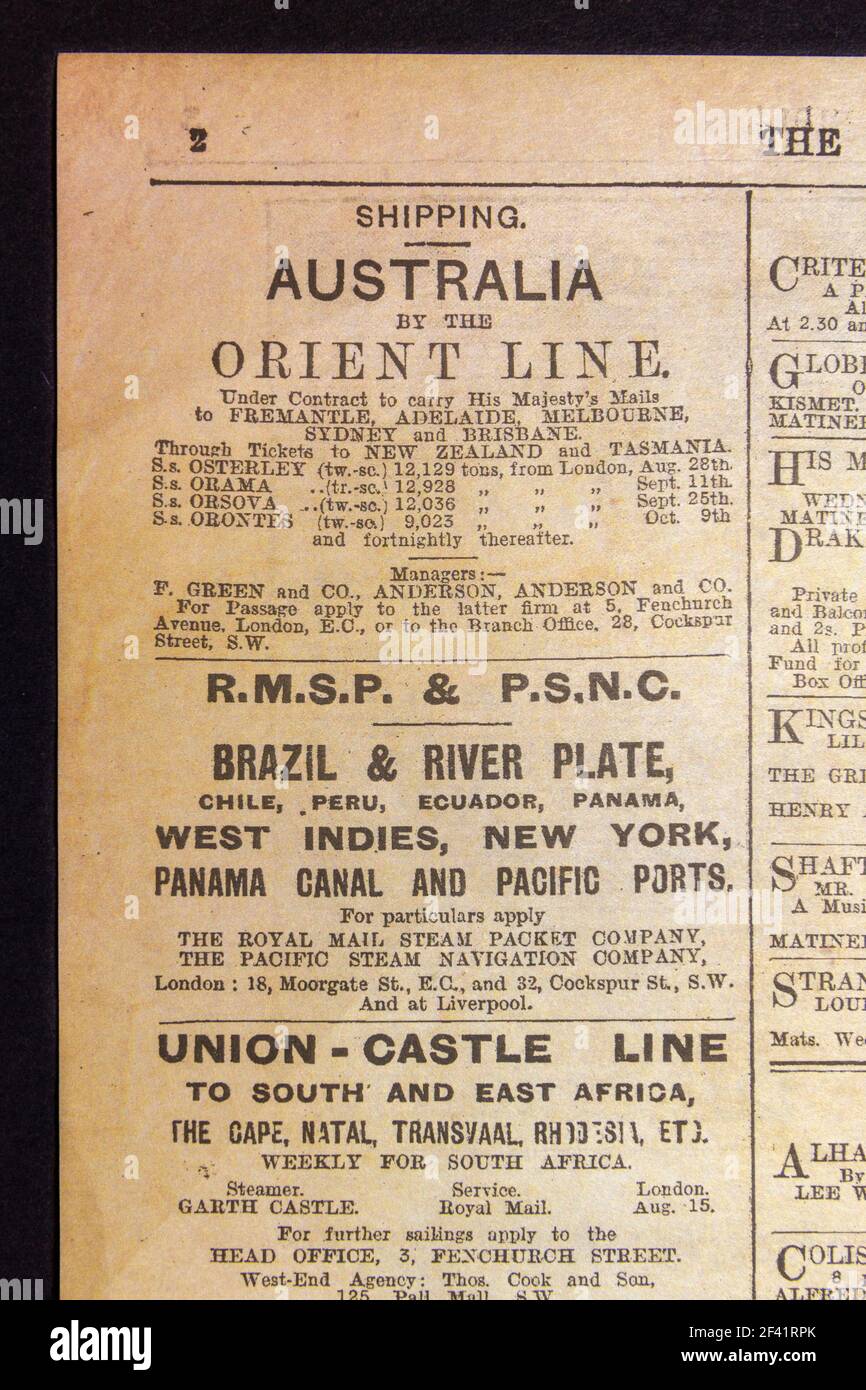 Annuncio per il viaggio della nave da crociera in Australia, la rivista 'The Daily Graphic' Wartime (12 agosto 1914), replica cimeli dell'era della prima guerra mondiale. Foto Stock