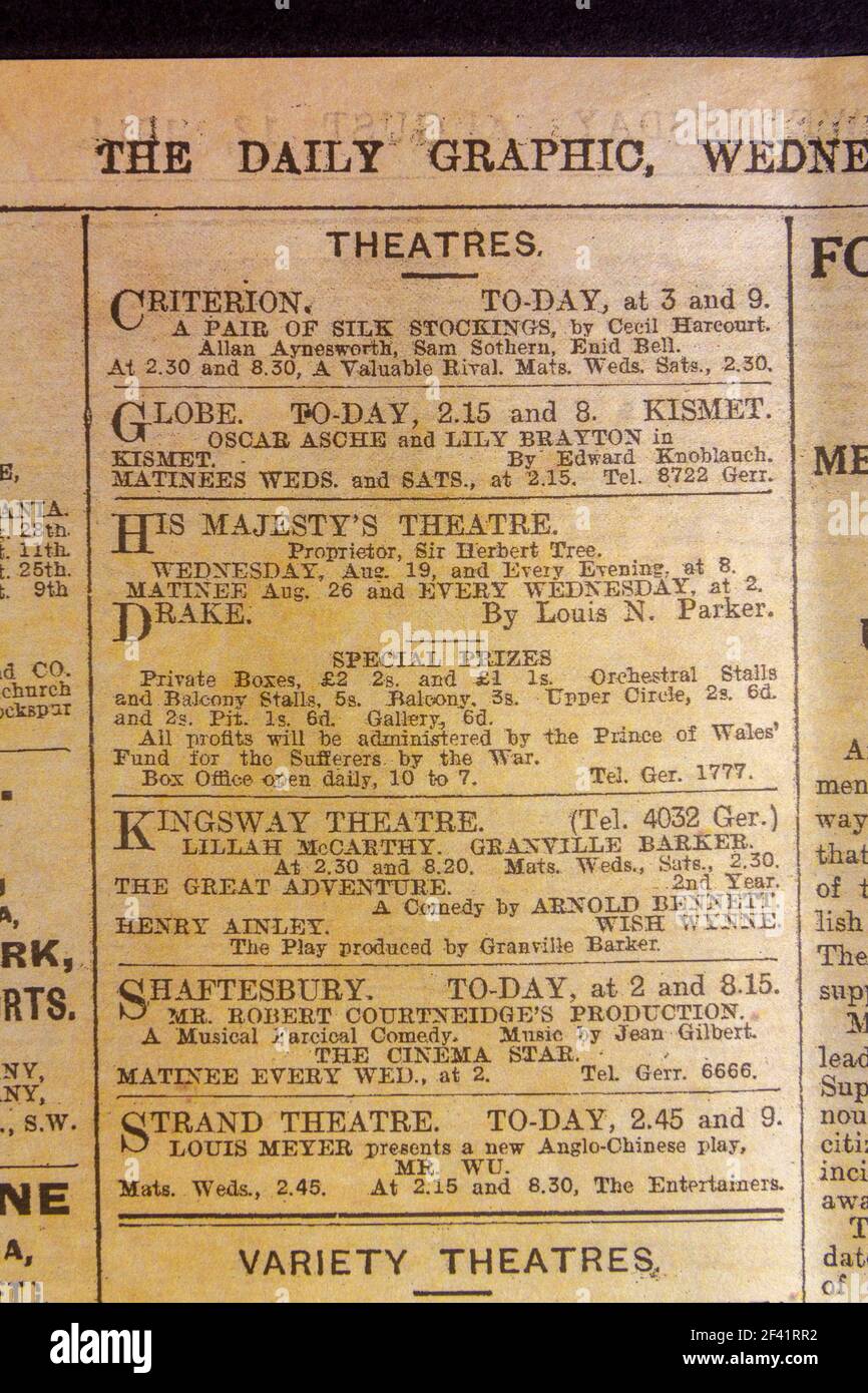 Elenco dei teatri del West End a Londra, la rivista Wartime 'The Daily Graphic' (12 agosto 1914), replica dei cimeli dell'era della prima guerra mondiale. Foto Stock