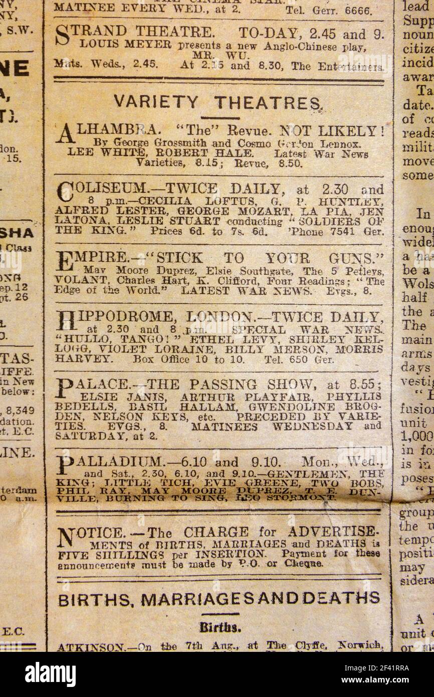 Listing for West End Variety Theater a Londra, 'The Daily Graphic' Wartime magazine (12 agosto 1914), replica cimeli dell'era della prima guerra mondiale. Foto Stock