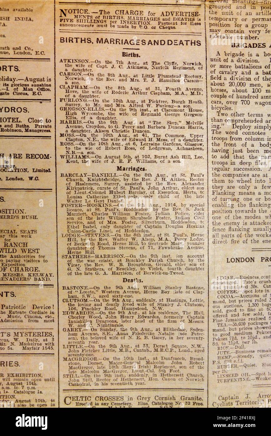 'Nascite, matrimoni e morti' colonna nella rivista 'The Daily Graphic' Wartime (12 agosto 1914), replica cimeli dell'era della prima guerra mondiale. Foto Stock