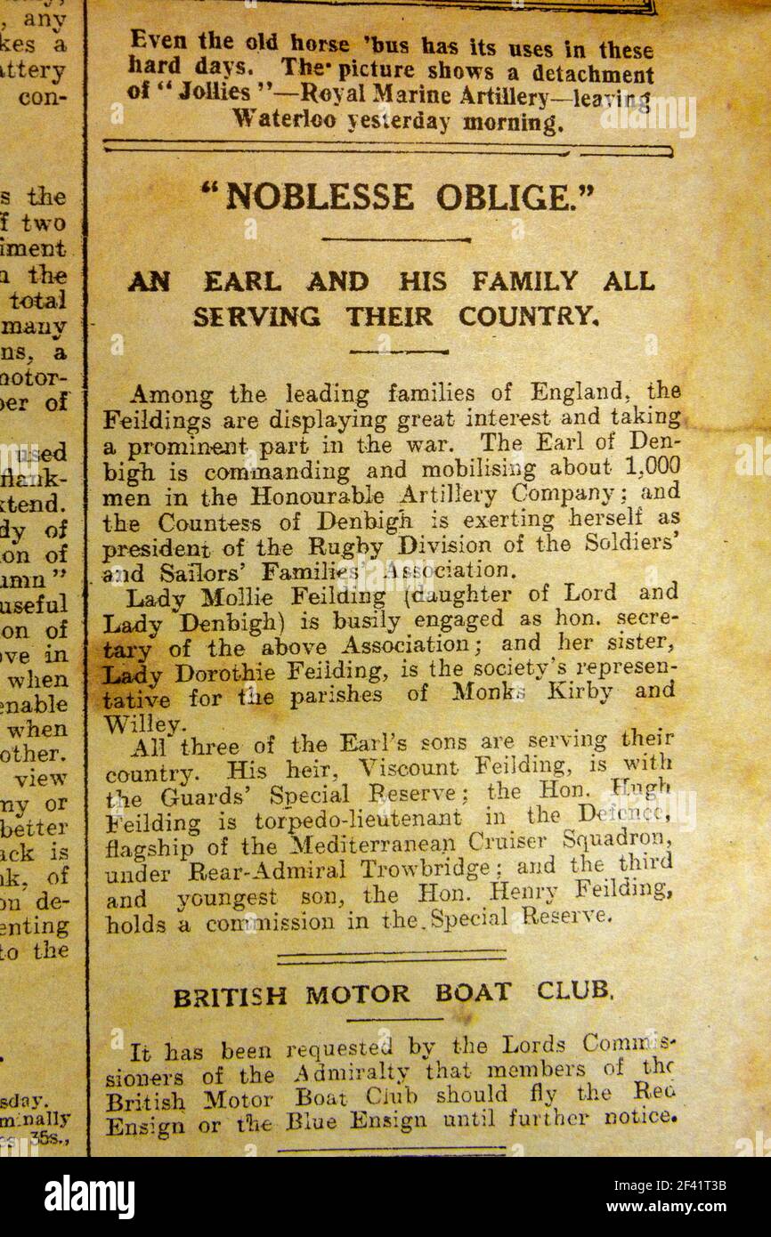 'Noblesse oblige', un articolo di nobility serving in the War, 'The Daily Graphic' Wartime magazine (12 agosto 1914), replica cimeli della WWI. Foto Stock