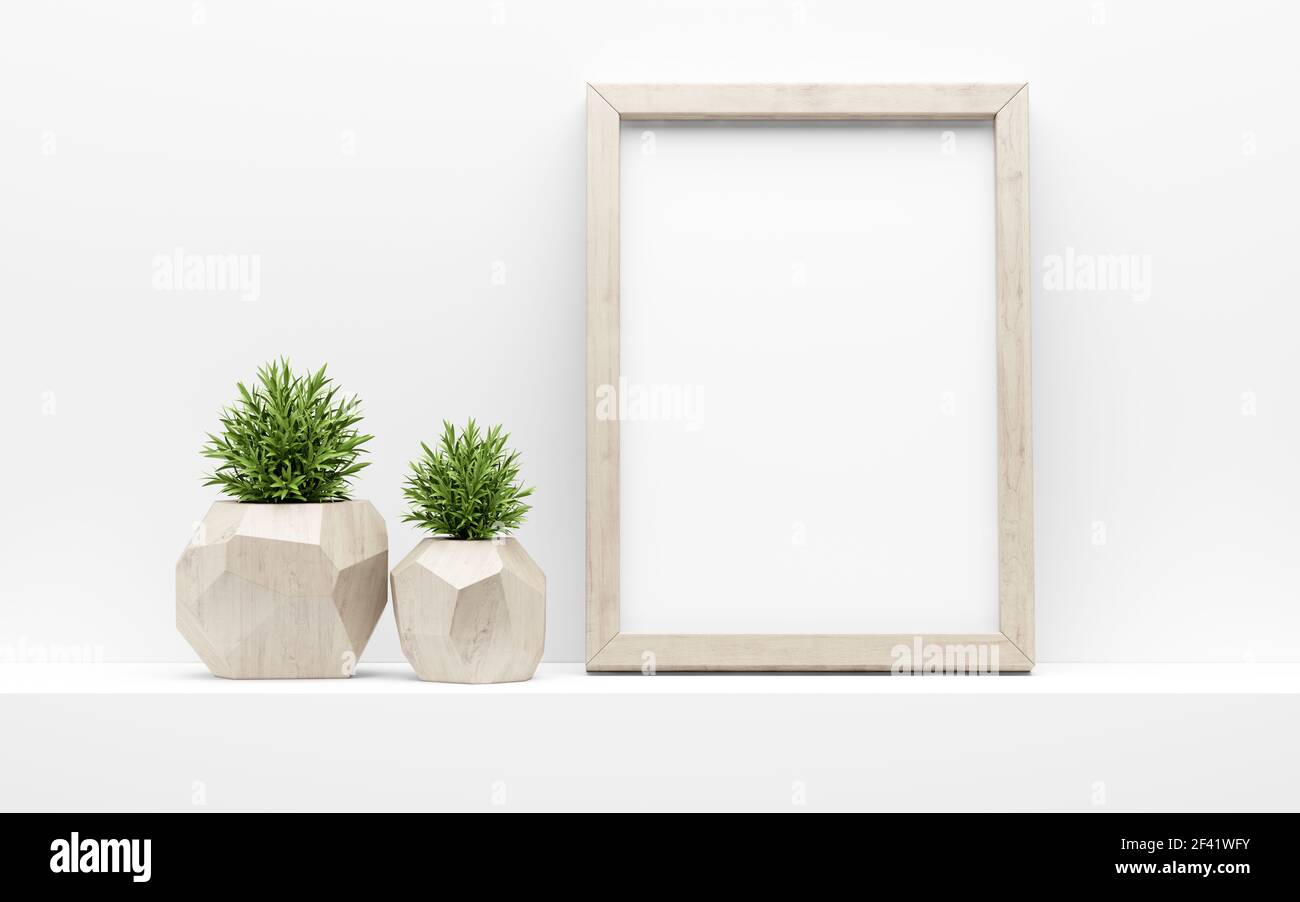 In legno cornice immagine mock up e verde di piante in vaso sul ripiano bianco. 3d illustrazione Foto Stock