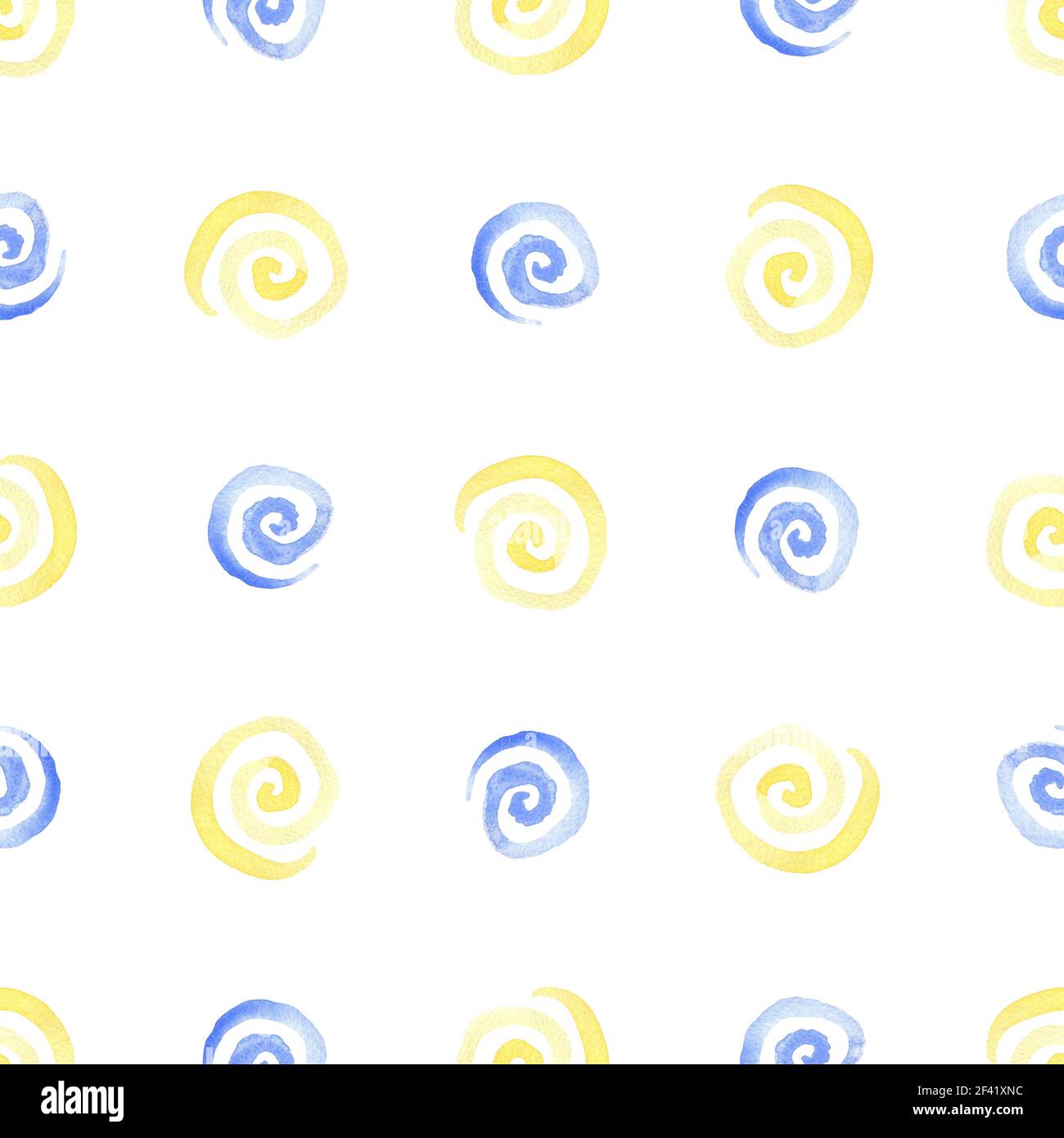 Acquerelli astratti seamless pattern con giallo e spirali blu su sfondo bianco Foto Stock