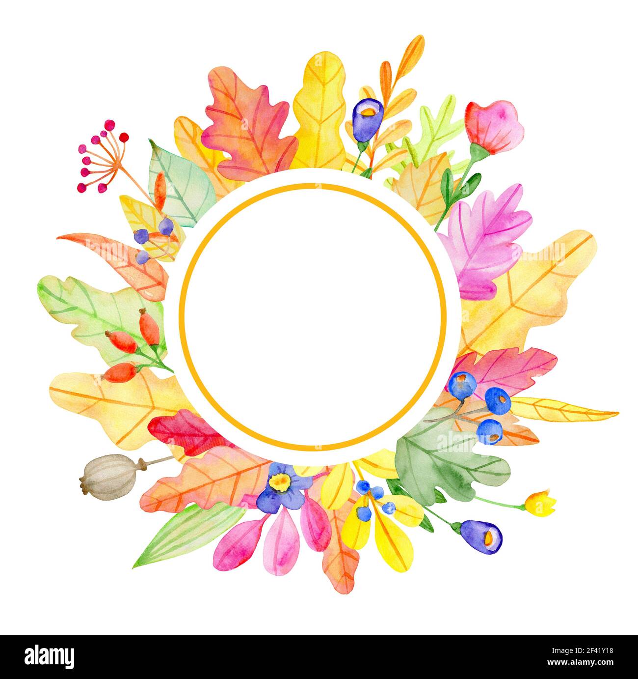 Acquerello autunno round floreali banner con fiori e foglie su uno sfondo bianco. Disegnata a mano illustrazione Foto Stock