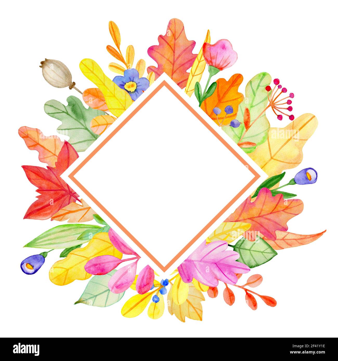 Acquerello autunno banner floreale di fiori e foglie su uno sfondo bianco. Disegnata a mano illustrazione Foto Stock