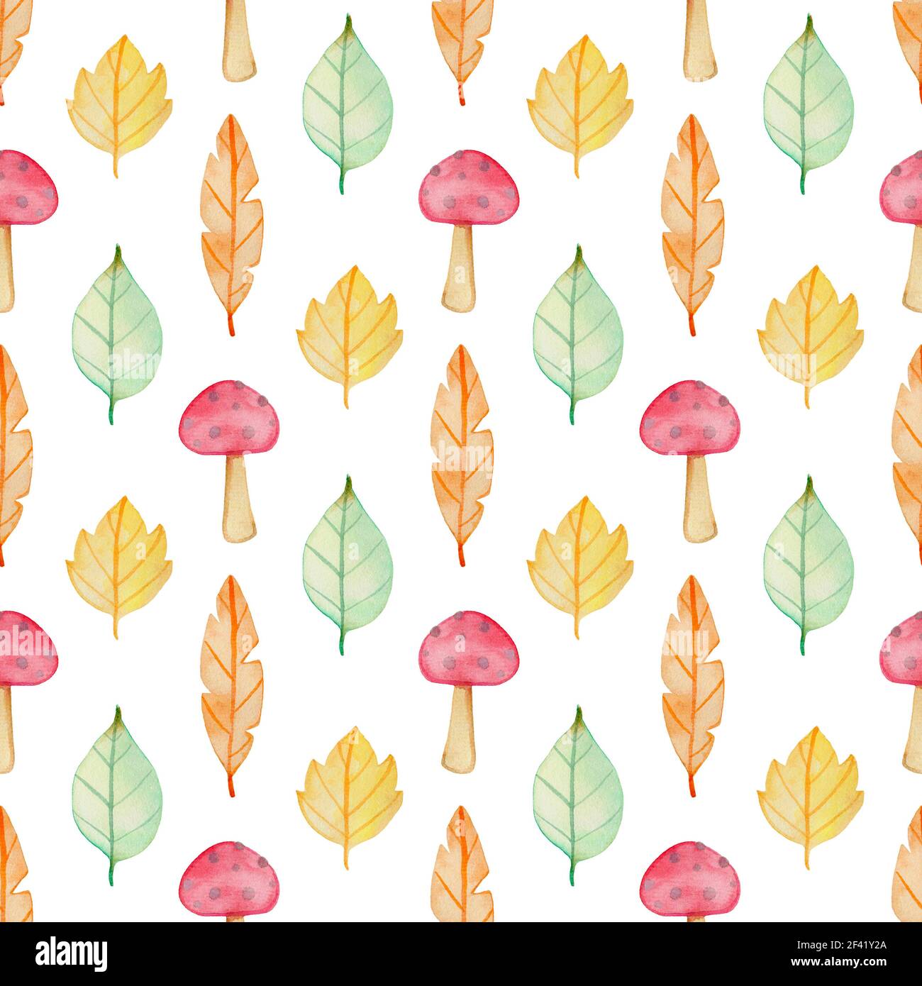 Acquerello autunno floreali modello senza cuciture con foglie e funghi. Disegnato a mano sullo sfondo della natura Foto Stock