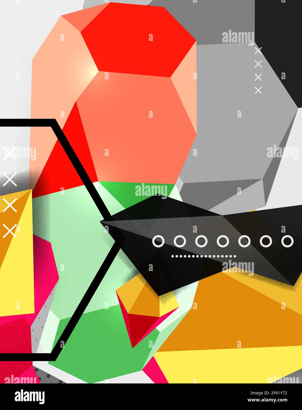 Poster della composizione geometrica 3D a colori. Poster della composizione geometrica 3D a colori. Illustrazione vettoriale di triangoli colorati, piramidi, esagoni e altre forme su sfondo grigio Illustrazione Vettoriale