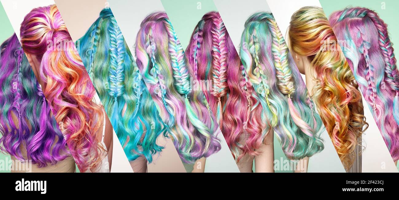 Beauty Fashion Model Girl con capelli colorati. Ragazza con acconciatura perfetta. Modello con capelli tinti sani perfetti. Acconciature arcobaleno. Foto collage Foto Stock