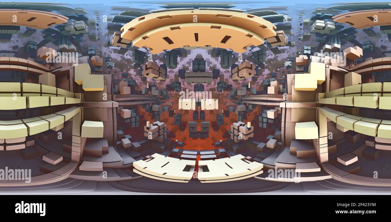 labirinto a 360 gradi, sfondo labirinto astratto, proiezione equirettangolare, mappa ambientale. Panorama sferico HDRI. illustrazione 3d Foto Stock