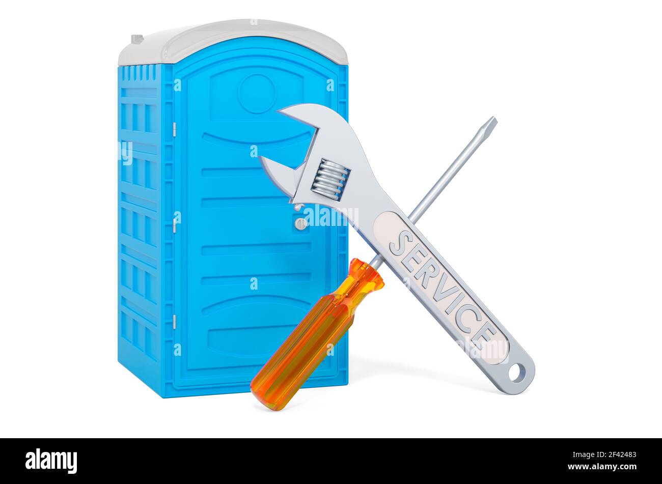 Assistenza e riparazione di wc portatile in plastica mobile, rendering 3D isolato su sfondo bianco Foto Stock