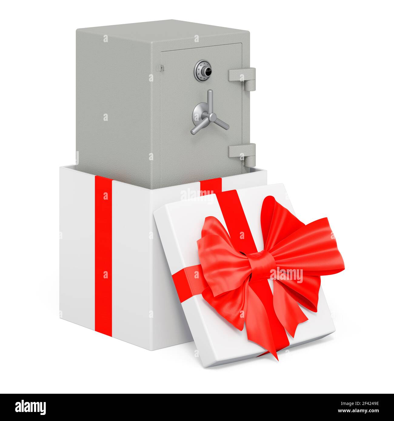 Combinazione di cassaforte all'interno della confezione regalo, concetto attuale. Rendering 3D isolato su sfondo bianco Foto Stock