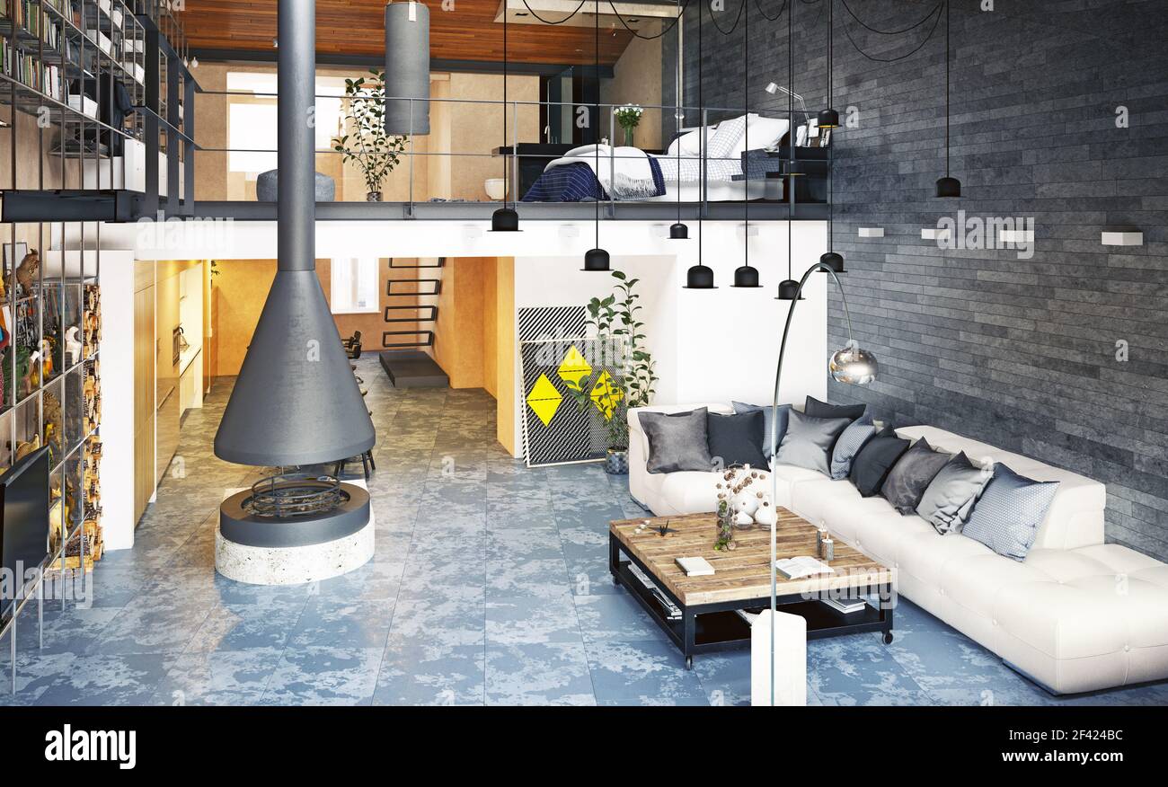 Moderno loft soggiorno interno. Il rendering 3D design concept Foto Stock