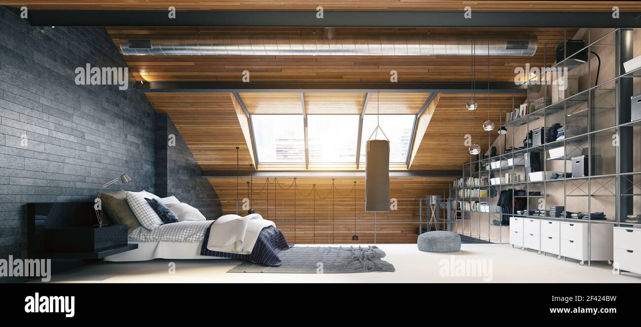Moderna camera da letto loft interni. Il rendering 3D design Foto Stock