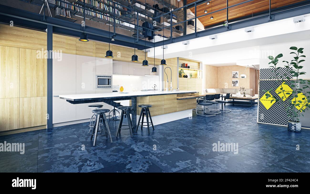 Moderna cucina loft interno, rendering 3D design Foto Stock