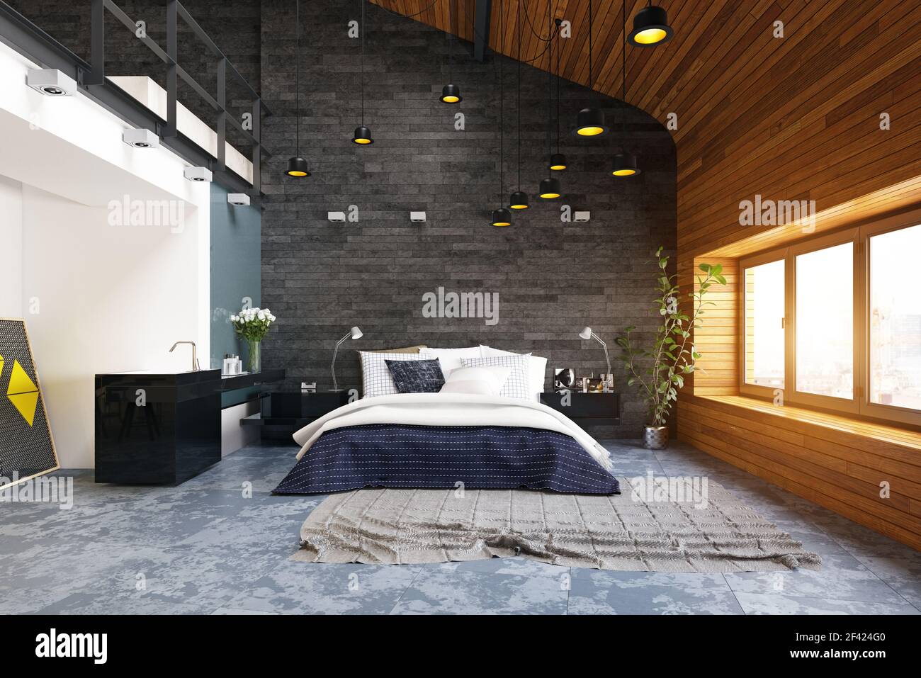 Moderna camera da letto loft interni. Il rendering 3D design Foto Stock