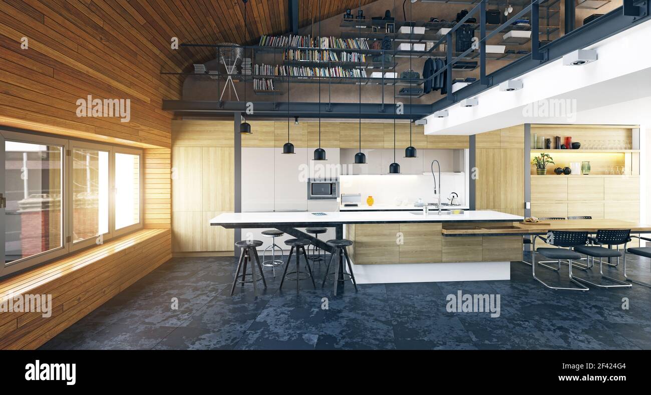 Moderna cucina loft interno, rendering 3D design Foto Stock