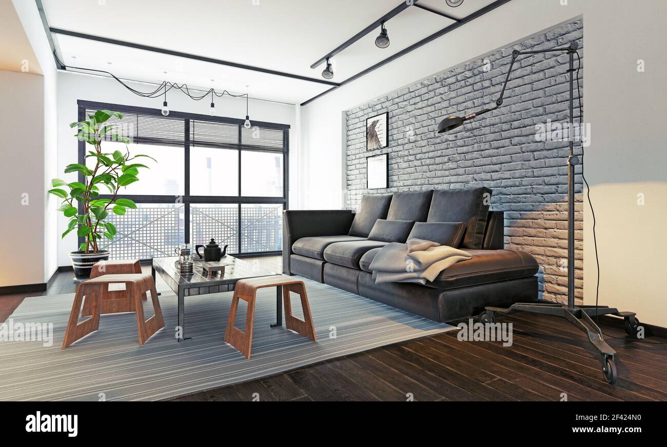 Moderni interni loft soggiorno. Il rendering 3D design concept Foto Stock