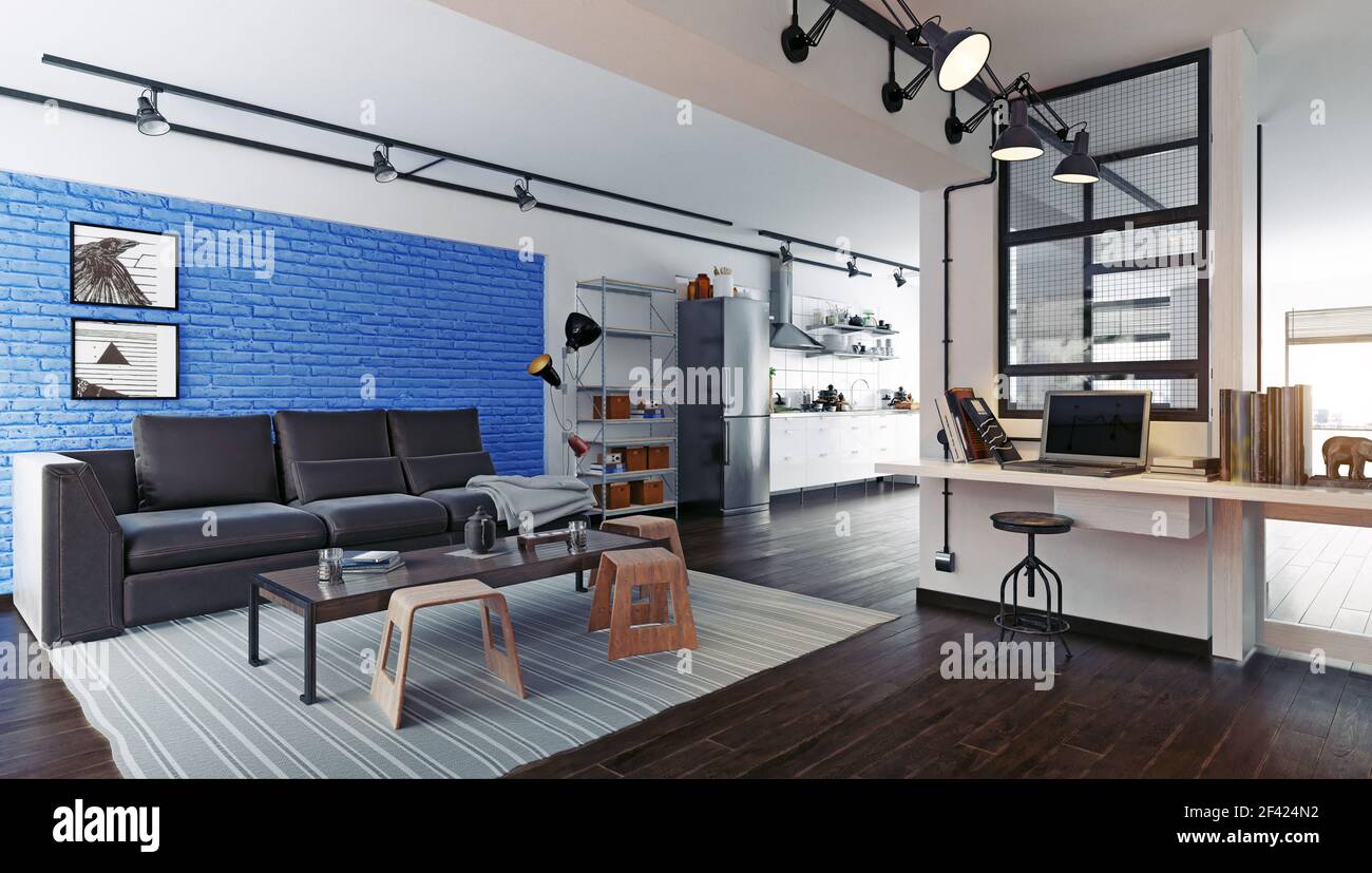 Moderno studio loft interni. Il rendering 3D design concept Foto Stock