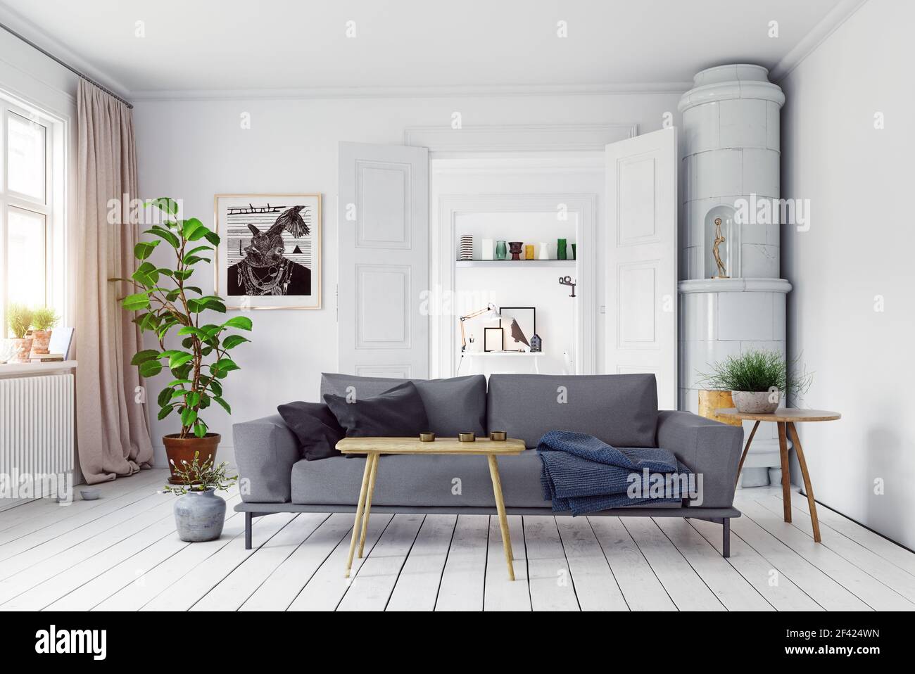 Moderno stile scandinavo living room interior design. 3d illustrazione concept Foto Stock