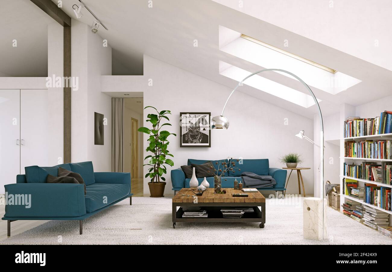 Soggiorno moderno. Quanto a design di interni Scandinavo. 3D rendering concept Foto Stock