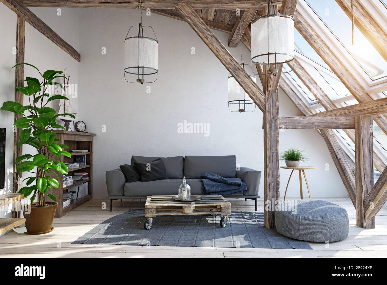 Attico moderno living room interior design. 3d illustrazione concept Foto Stock