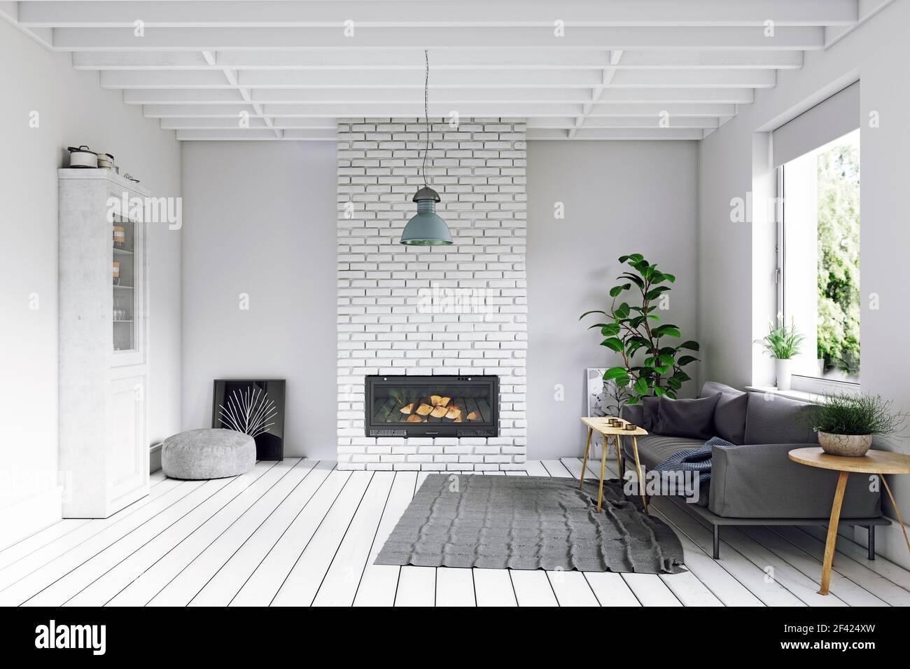 Moderno stile scandinavo living room interior design. 3d illustrazione concept Foto Stock