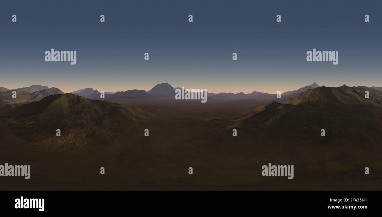 360 gradi notte deserto paesaggio. Proiezione equirettangolare, mappa dell'ambiente, panorama sferico HDRI. illustrazione 3d Foto Stock