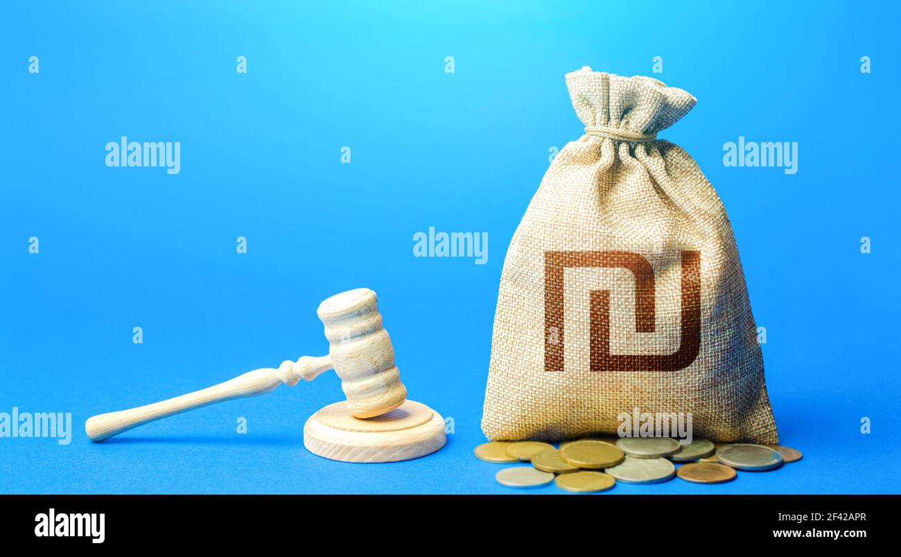 Borsa di denaro shekel israeliana e gavel del giudice. Contenzioso, risoluzione delle controversie, risoluzione dei conflitti di interesse. Assegnazione di una compensazione finanziaria morale. PR Foto Stock
