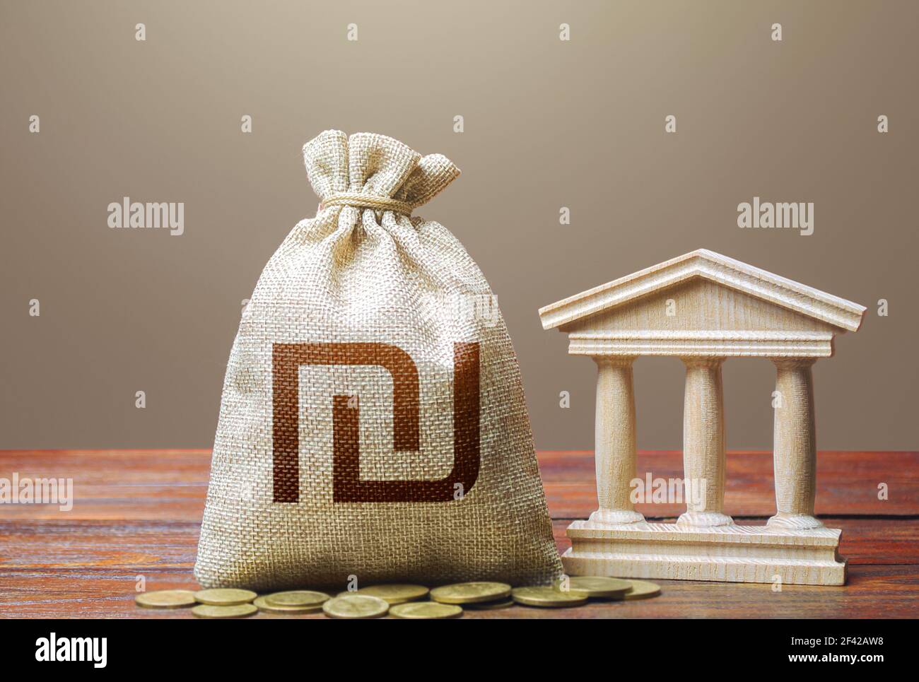 Borsa di denaro shekel israeliana e edificio bancario / governativo. Politica monetaria. Riscossione delle imposte e budget. PIL e PNL. Supportare le aziende in tempi di cr Foto Stock