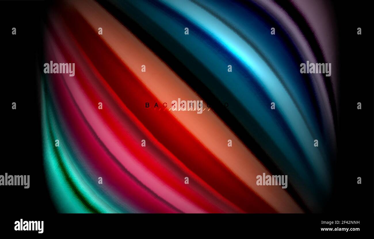 Linee fluide e variopinte su nero. Linee multicolore ondulate fluide su nero, sfondo vettoriale, pattern di movimento dinamico Illustrazione Vettoriale