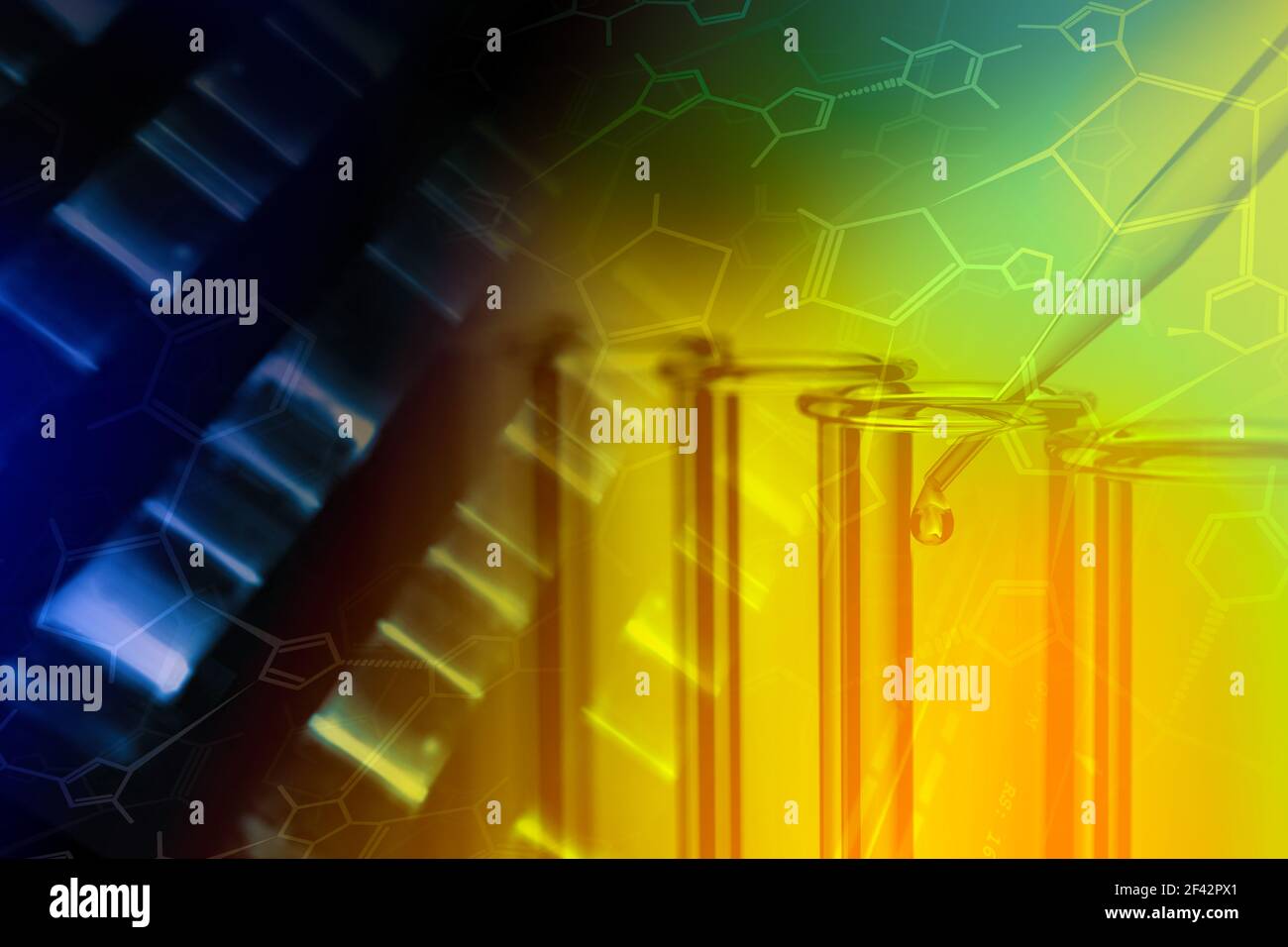 Provette per analisi chimiche e analisi del DNA con formula per chimica strutturale - la ricerca o il concetto di scienza di fondo Foto Stock