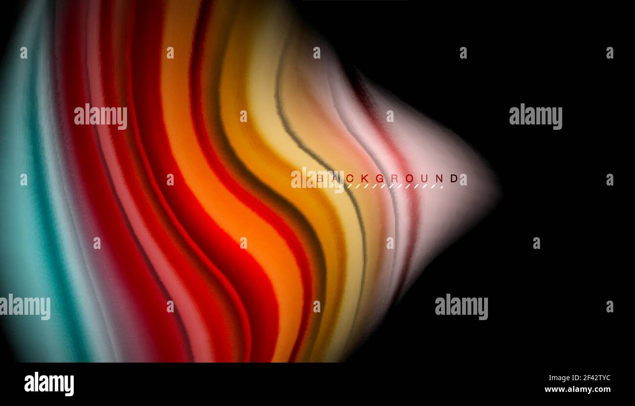 Linee fluide e variopinte su nero. Linee multicolore ondulate fluide su nero, sfondo vettoriale, pattern di movimento dinamico Illustrazione Vettoriale