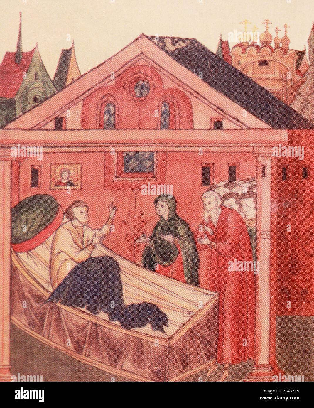 Guarire i malati. Miniatura della vita facciale di Sergio di Radonezh. Miniatura del 16 ° secolo. Foto Stock