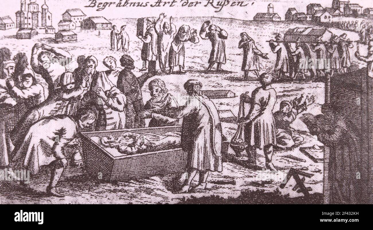 I funerali in Russia nel 17 ° secolo. Incisione del 17 ° secolo. Illustrazione della pubblicazione Note sulla Russia di Adam Olearius. Foto Stock