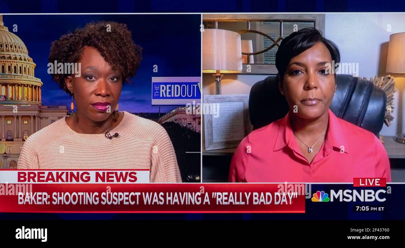 18 marzo 2021, Atlanta, Georgia - il sindaco di Atlanta Keisha Lance Bottoms parla con JOY REID nel suo spettacolo MSNBC, "The Reidout". Hanno discusso il recente assassinio di otto persone in tre sale di massaggio in Georgia e la visita di domani nello stato da parte del presidente Biden e del vice preseident Harris.(Credit Image: © MSNBC/ZUMA Wire) Foto Stock