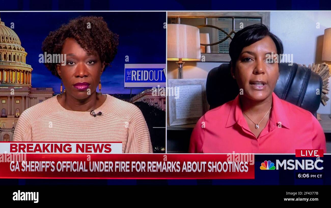 18 marzo 2021, Atlanta, Georgia - il sindaco di Atlanta Keisha Lance Bottoms parla con JOY REID nel suo spettacolo MSNBC, "The Reidout". Hanno discusso il recente assassinio di otto persone in tre sale di massaggio in Georgia e la visita di domani nello stato da parte del presidente Biden e del vice preseident Harris.(Credit Image: © MSNBC/ZUMA Wire) Foto Stock