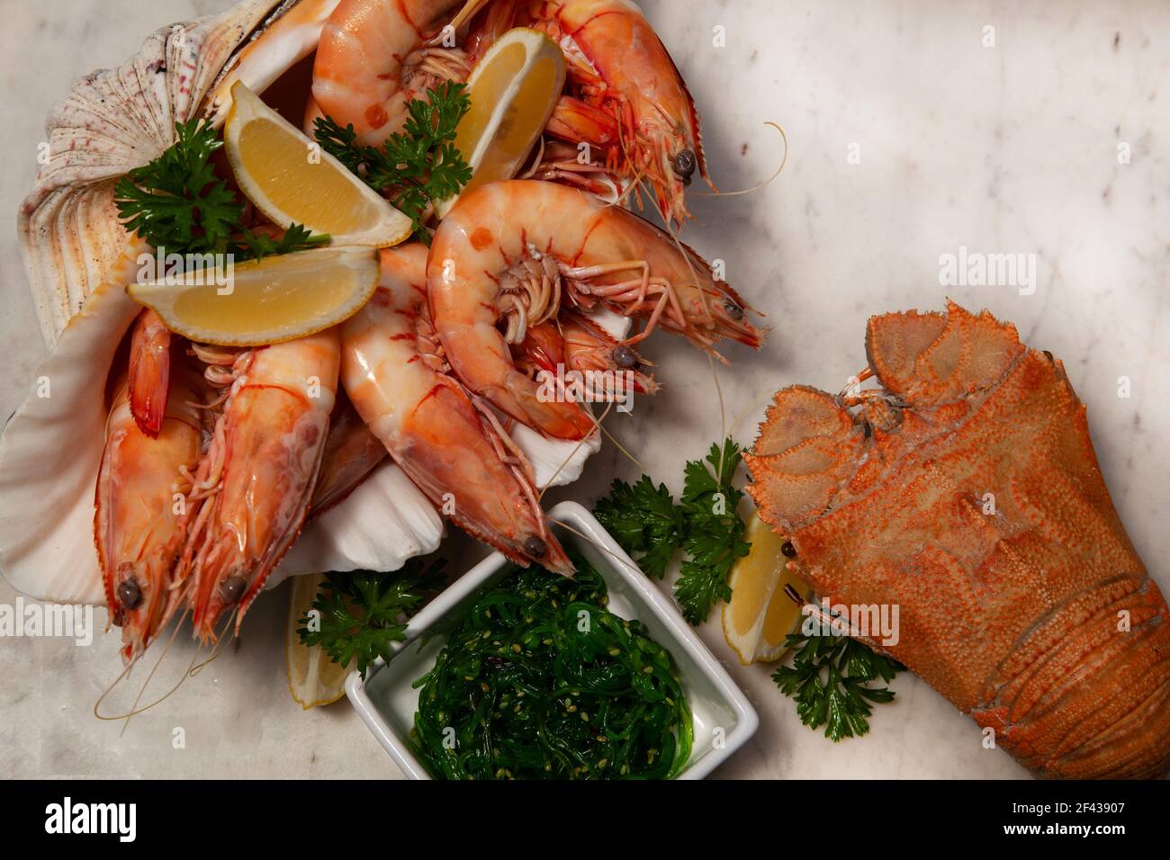 Una festa di pesce che include grandi gamberi del re in una conchiglia di vongola gigante, Moreton Bay Bug e insalata di alghe su uno sfondo di marmo bianco e grigio. Foto Stock