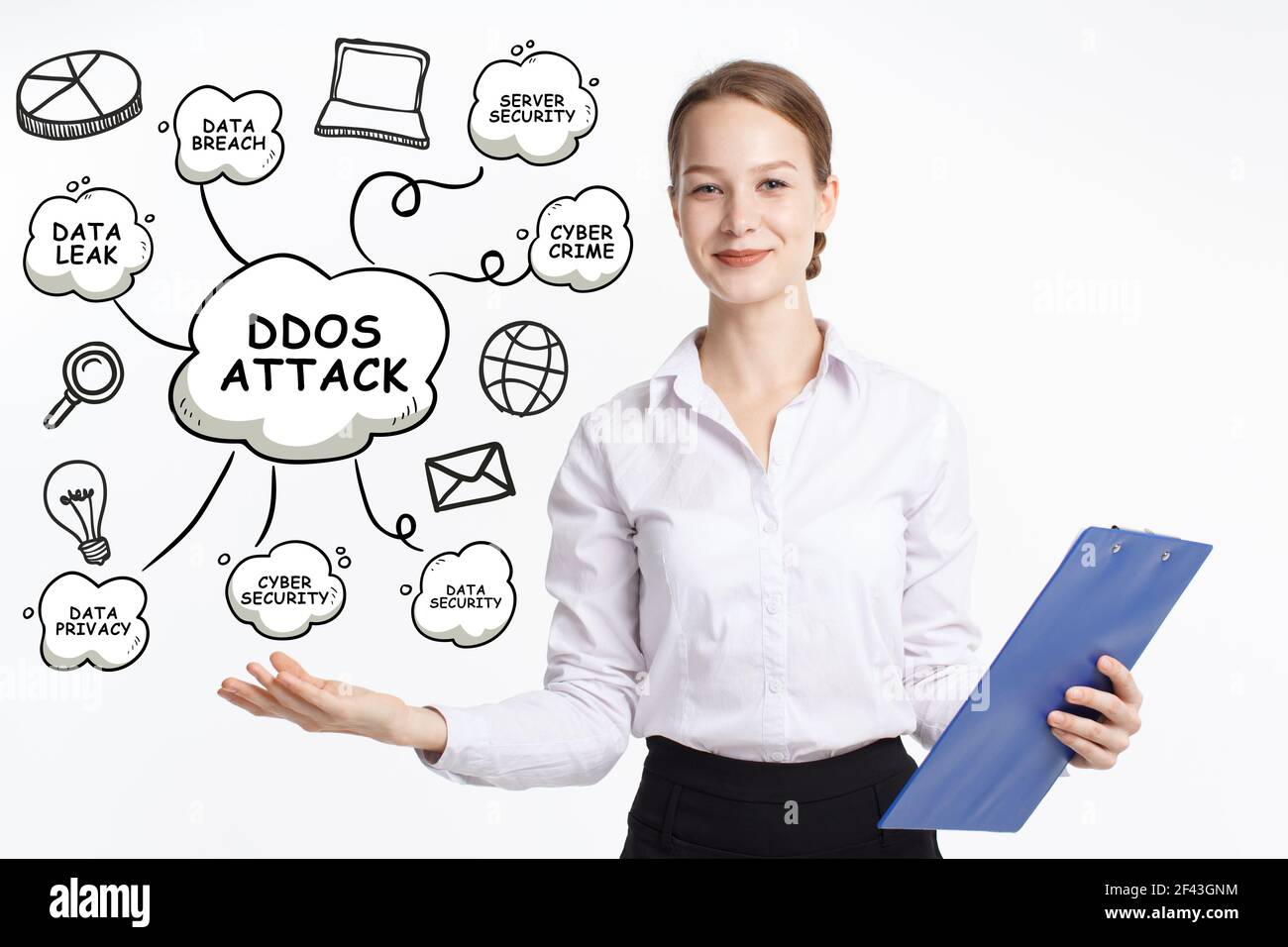 Business, tecnologia, Internet e concetto di rete. Un giovane uomo d'affari pensa ai passi per una crescita di successo: L'attacco DDoS Foto Stock