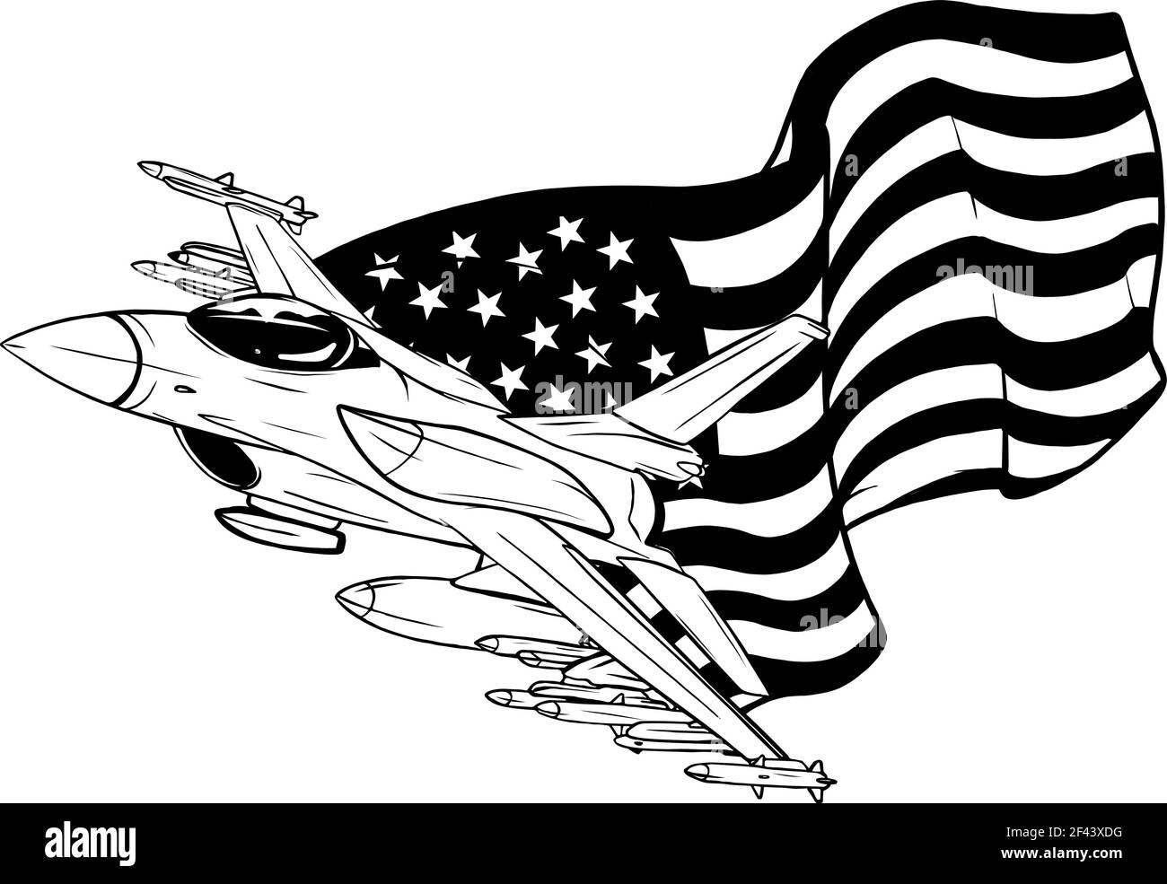 Pesca in bianco e nero di aerei da combattimento militari con bandiera americana. Illustrazione vettoriale Illustrazione Vettoriale