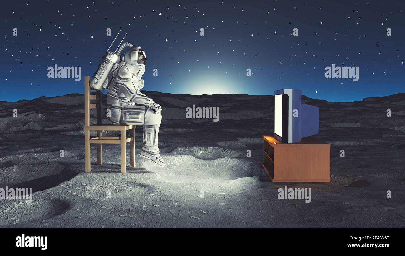 Astronauta che guarda la tv sulla luna . Concetto di streaming di film  online . Si tratta di un'illustrazione di rendering 3d Foto stock - Alamy