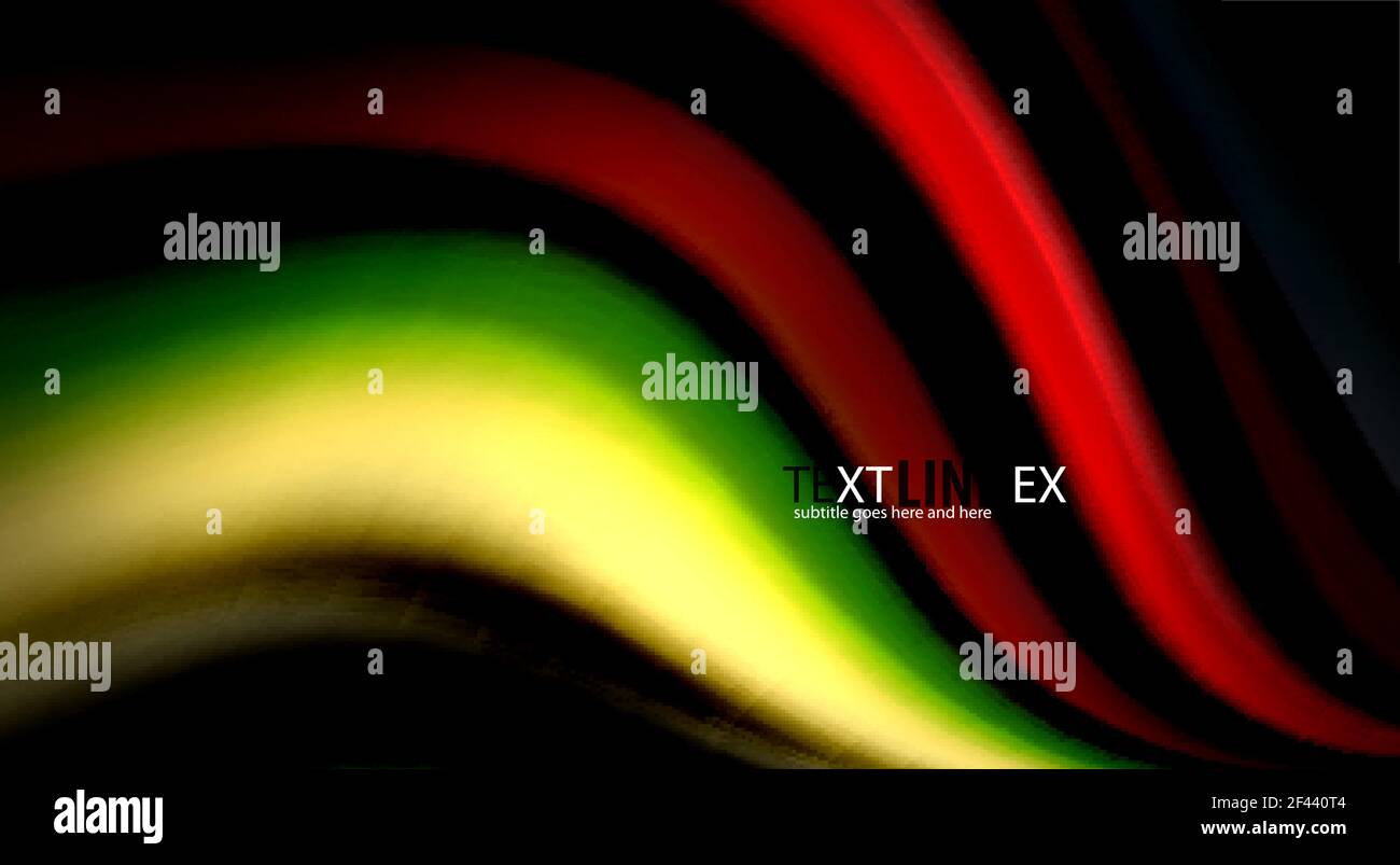 Colori dell'arcobaleno fluido su sfondo nero, linee d'onda vettoriali e vortici. Colori dell'arcobaleno fluidi su sfondo nero, linee e rotazioni vettoriali, illustrazioni artistiche per la presentazione, sfondo dell'applicazione, banner o poster Illustrazione Vettoriale