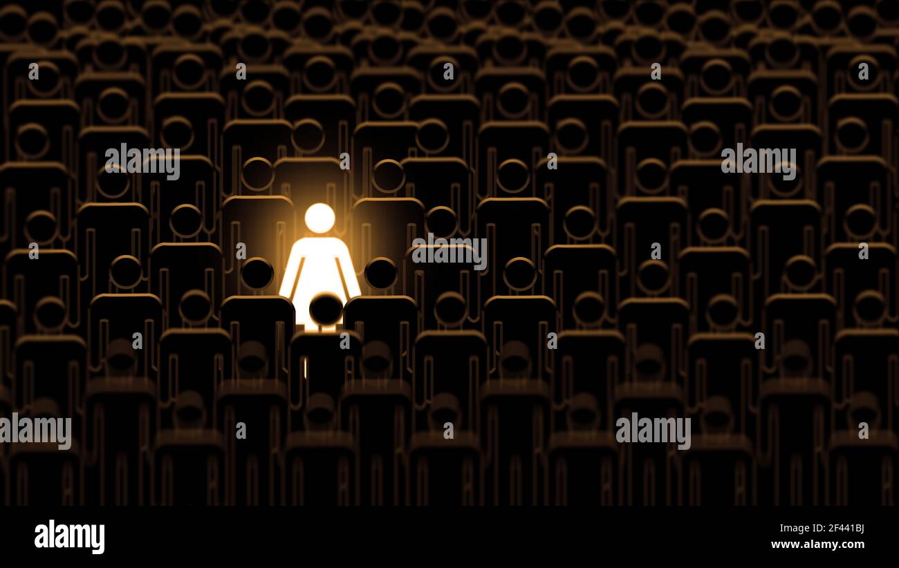 Donna che si distingue da una folla di uomini. Brillante donna d'affari talento che si levano in piedi dalla folla. Grande gruppo di persone identiche con una persona diversa, Foto Stock