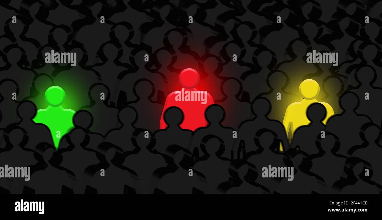 Grandi figure di persone con tre uomini brillanti si distinguono dalla folla dei lavoratori. Scegliere un nuovo leader per concetto elettorale Foto Stock