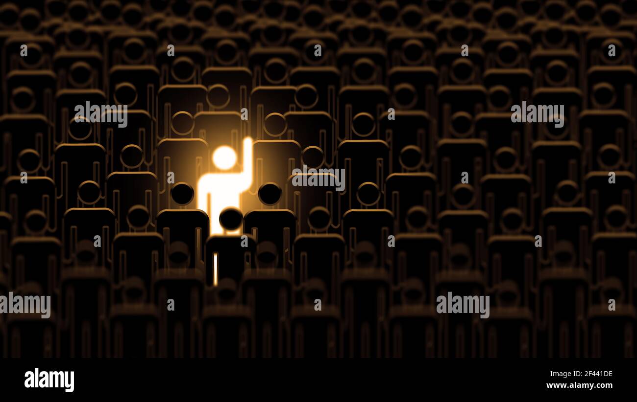 Shiny Man si distingue dal corvo. Uomo d'affari brillante talento che si distingue dalla folla. Grande gruppo di persone identiche con una persona diversa, Foto Stock