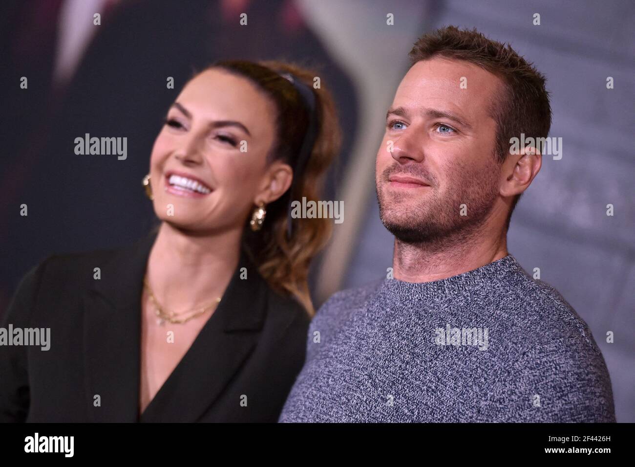 FILE PHOTO - file photo datato 14 gennaio 2020 di Elizabeth Chambers Hammer, Armie Hammer partecipa alla prima di Columbia Pictures 'Bad Boys for Life' al TCL Chinese Theatre di Los Angeles, CA, USA. Hammer è stato accusato di aver violentato una donna a Los Angeles nel 2017. La donna, di 24 anni chiamata solo Effie, ha fatto le accuse durante una conferenza stampa virtuale giovedì. Hammer, 34 anni, ha negato le accuse. Il suo avvocato ha detto che erano 'oltraggiosi' e Hammer 'accoglie favorevolmente l'opportunità di fissare il record dritto'. Foto di Lionel Hahn/ABACAPRESS.COM Foto Stock