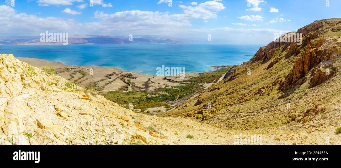 Vista panoramica della parte settentrionale del Mar Morto e della riserva naturale di Einot Tzukim (Ein Feshkha), Israele meridionale Foto Stock