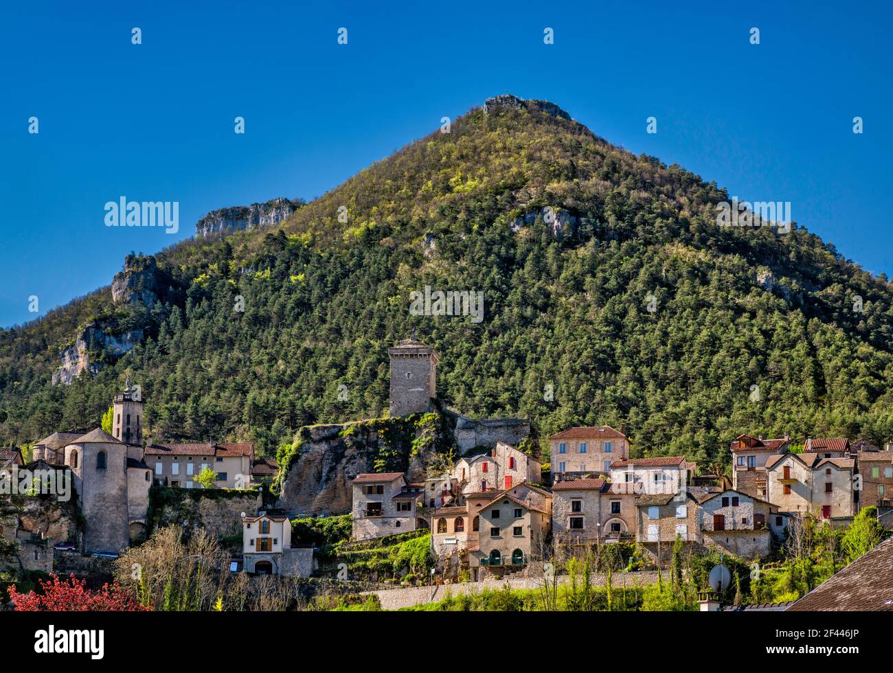 Vista generale del villaggio di Peyreleau, vicino ai fiumi Jonte e Tarn confluenza, comune nel dipartimento Aveyron, regione Occitanie, Francia Foto Stock