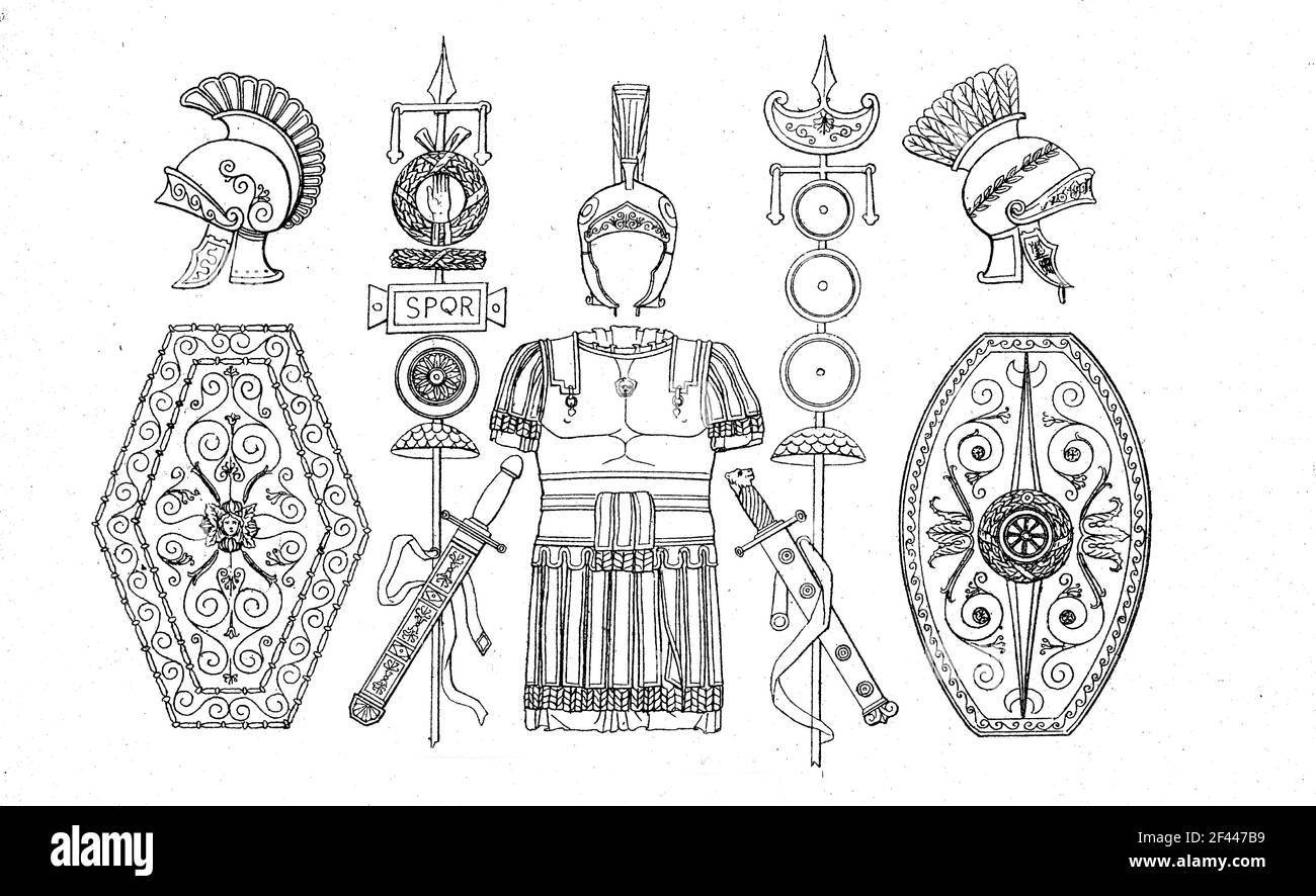 Armeria romana e segni di campo / Römisches Waffenarsenal und Feldzeichen, Historisch, storico, digitale riproduzione migliorata di un originale del 19 ° secolo / digitale Reproduktion einer Originalvorlage aus dem 19. Jahrhundert, Foto Stock