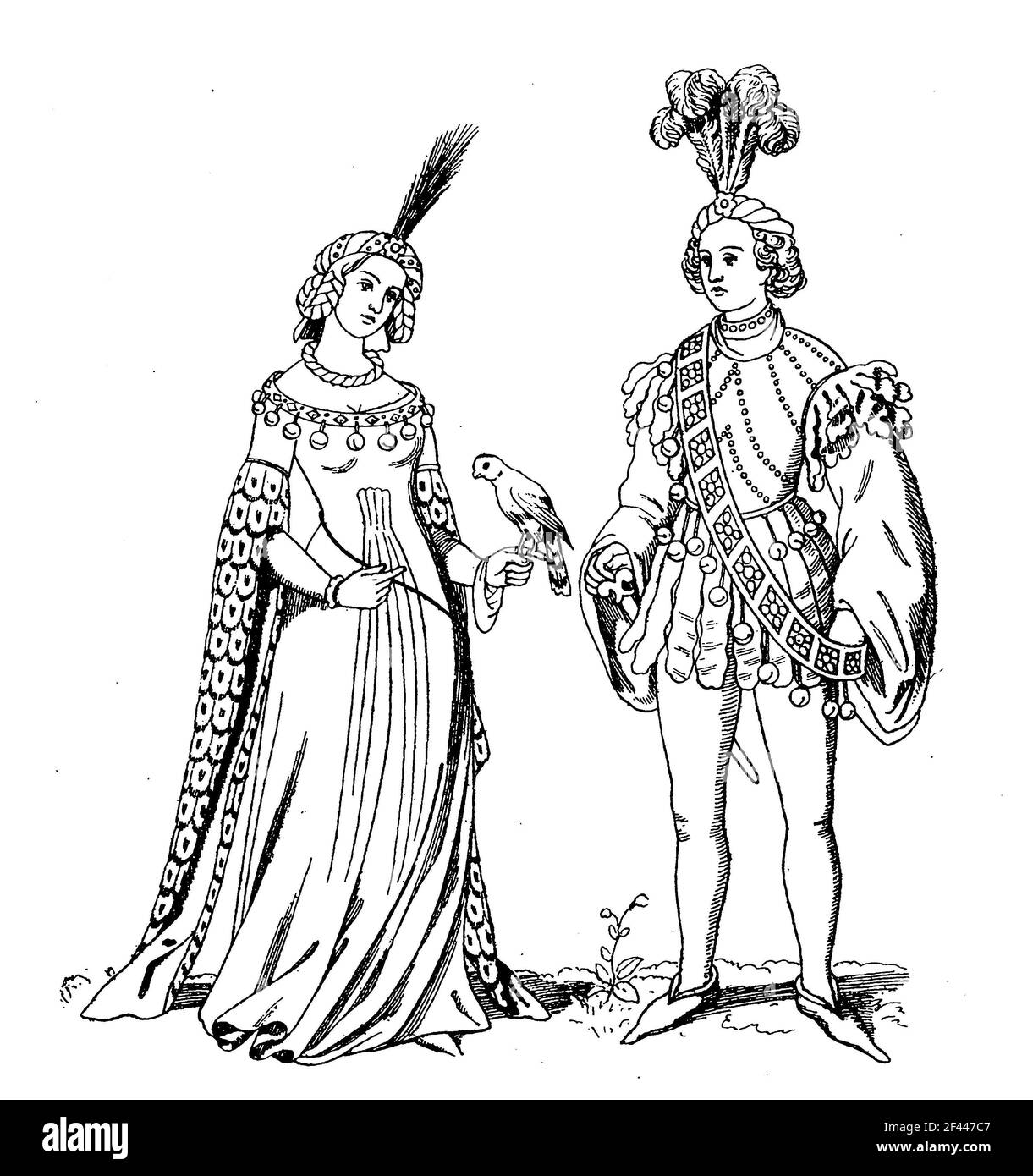 Uomo e donna a Schellentracht, prima metà del 15. Secolo, Schellentracht è il nome dato ad un costume comunemente indossato da uomini e donne, che è stato indossato da nobili fin dal 10 ° secolo, E che apparve anche nelle città nel secondo quarto del 14 ° secolo e rimase fino alla metà del 15 ° secolo, Germania, Storia della moda, storia in costume / ALS Schellentracht bezeichnet man eine bei Männern und Frauen übliche Stuttzertracht, die bereits seit dem 10. Von Dienstleistungen aller Art sowie sowie im zweiten Viertel des 14. Jahrhunderts auch in den Städten A. Foto Stock