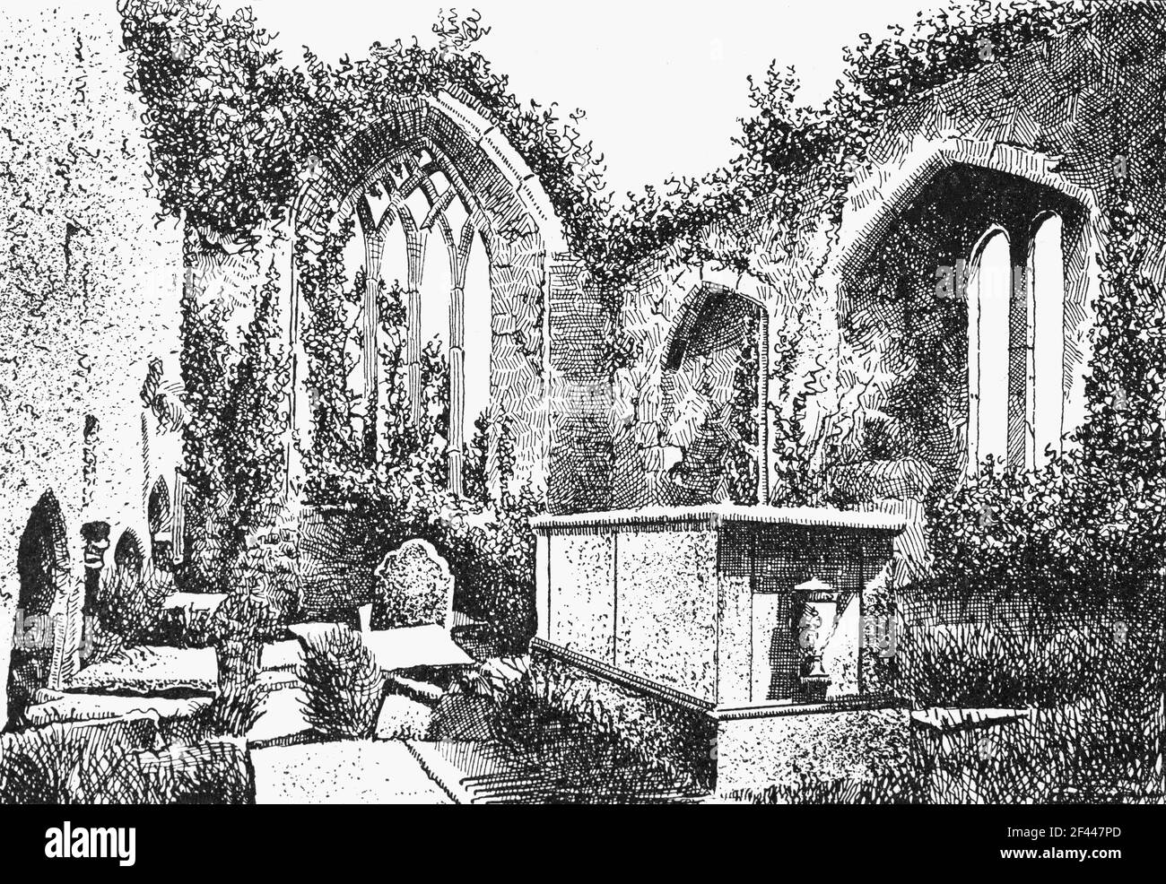 Un disegno del 19 ° secolo di Muckross Abbey, Killarney, Contea di Kerry, Irlanda, fondata nel 1448 come un convento francescano per l'osservazione francescani da Donal McCarthy Mor. È stato danneggiato e ricostruito più volte. I frati furono spesso sottoposti a incursioni da parte di gruppi di maraudi e furono perseguitati dalle forze Cromwelliane sotto Lord Ludlow. Nel XVII e XVIII secolo, divenne luogo di sepoltura per i poeti o'Donoghue, Ó Rathaille e Ó Súilleabháin della contea di Kerry, mentre Piaras Feiritéar è sepolto nel cimitero appena fuori. Foto Stock